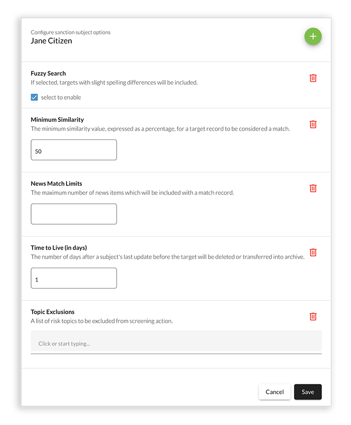 AML screening settings and options